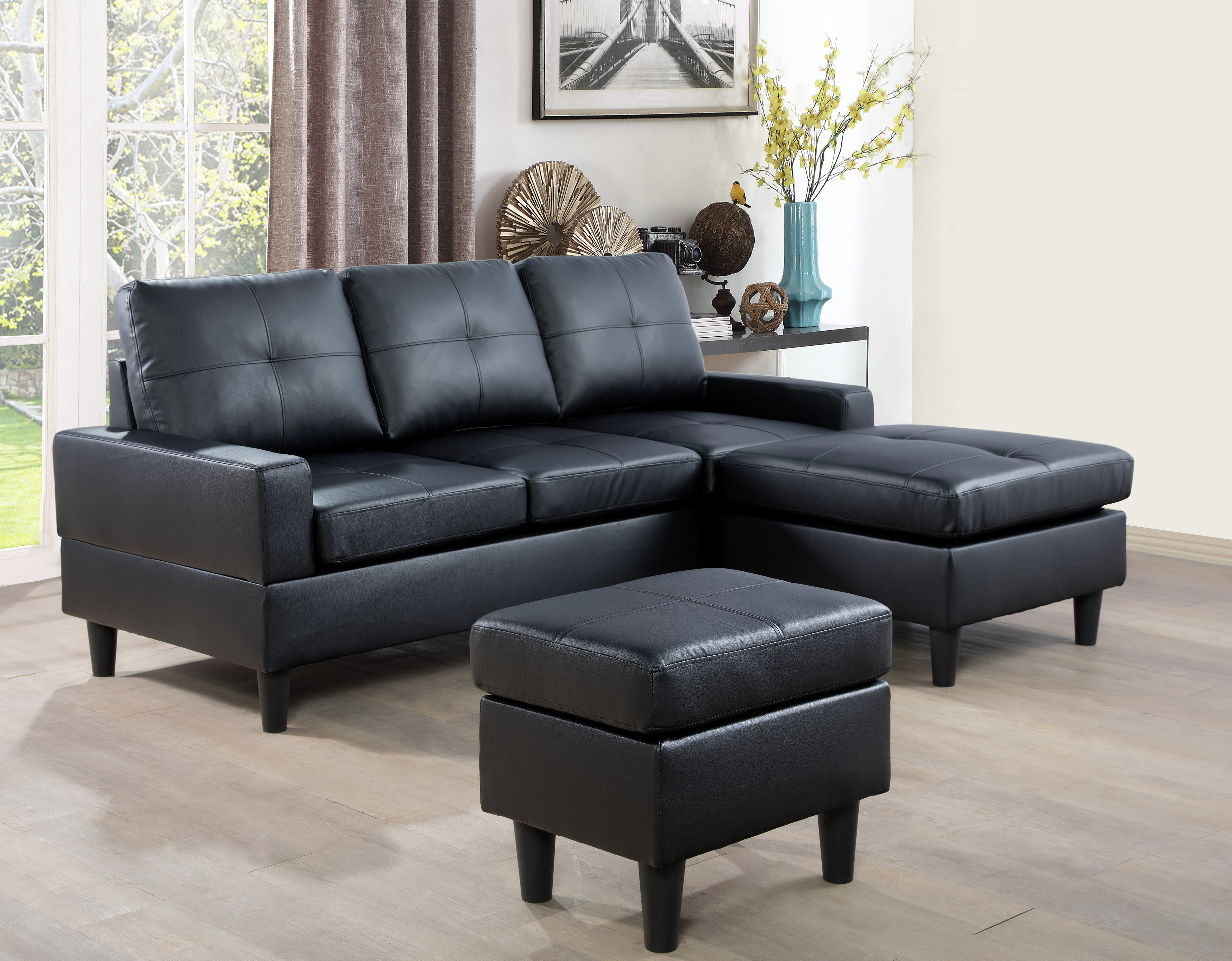 Black leather modular online lounge