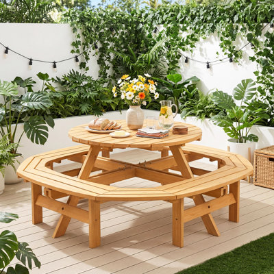 Table de pique-nique en bois pour 8 personnes - ensemble de patio rond de 43,3 po avec 4 bancs et trou pour parasol - salle à manger en bois naturel pour le jardin, la cour, le camping, naturel
