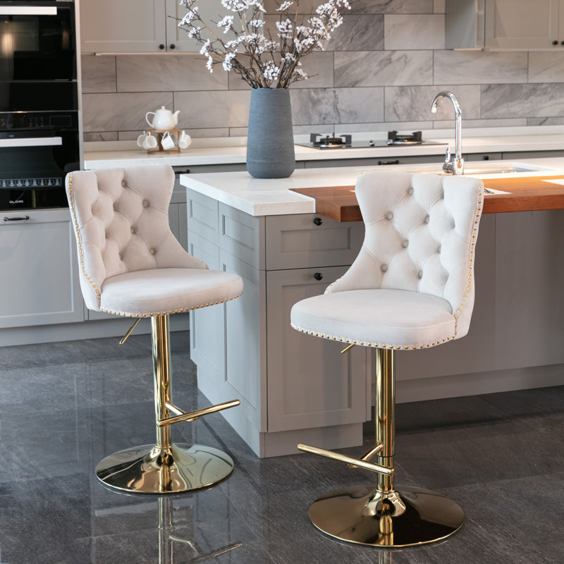 Golden Swivel Velvet Barstools Adjusatble Seat Height from 25-33 Inch,Modern Upholstered Bar Stools with Backs Comfortable Tufted for Home Pub and Kitchen Island,Beige,Set of 2