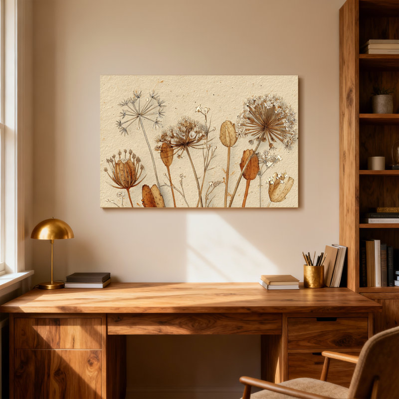 Plantes et fleurs fleurs séchées et graines sur fond beige, H 24 po x l 36 po