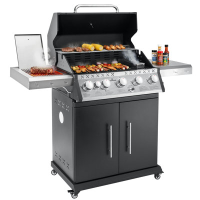 SKOK 5-Burner Propane Gas Grill with Infrared Side and Rear Burners - 72,000 BTU Outdoor Barbecue Grill with Porcelain-Enameled Cast Iron Grates, Patio & Backyard