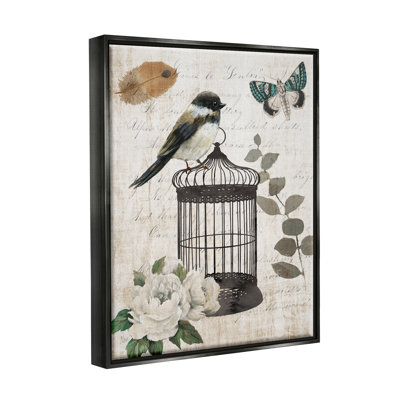 «Vintage Bird Cage Butterfly Floral Script Words», peinture sur toile