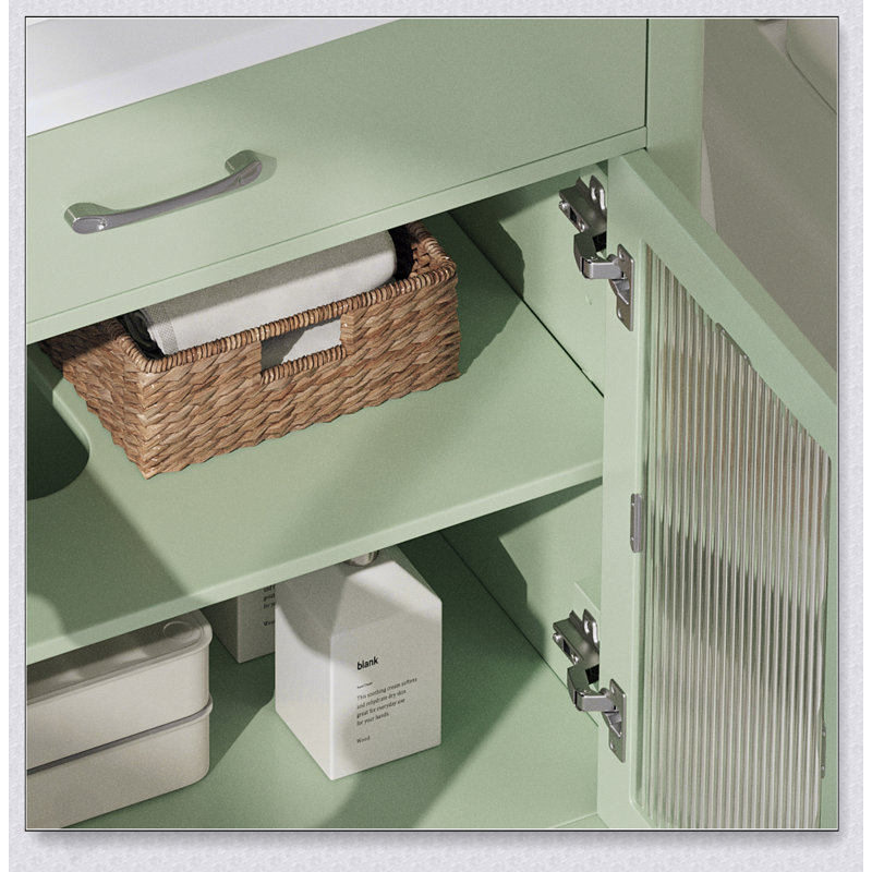 Meuble-lavabo de 30 pouces avec verre trempé, armoire moderne avec pieds en bois d'hévéa et portes à fermeture en douceur pour un rangement élégant