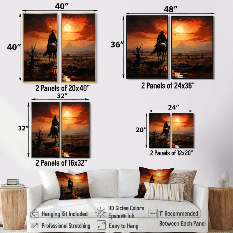 Cowboy Sunrise On The - ensemble de 2 décorations murales orange, H 20 po x l 24 po, Impression encadrée flottante, Noir