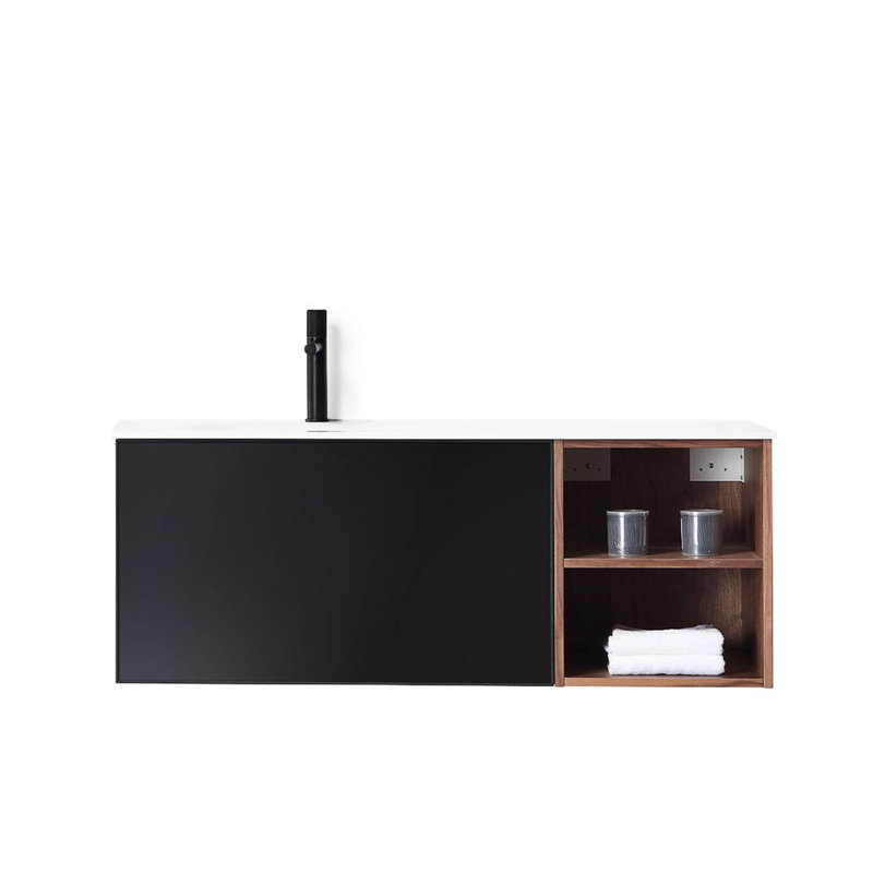 Wilibald 48 po L x 20 po P 2 tiroirs Meuble-lavabo avec évier simple et Comptoir en Surface solide blanc brillante