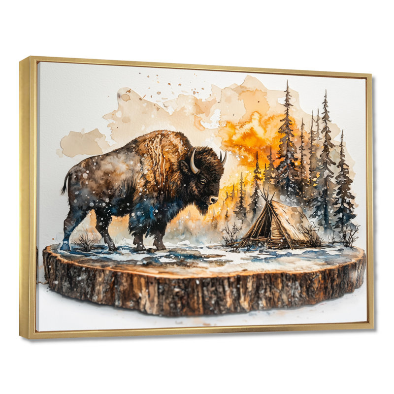 Bison in Winter Forest Landscape I - Bison, art mural, H 30 po x l 40 po, Cadre flottant, Doré