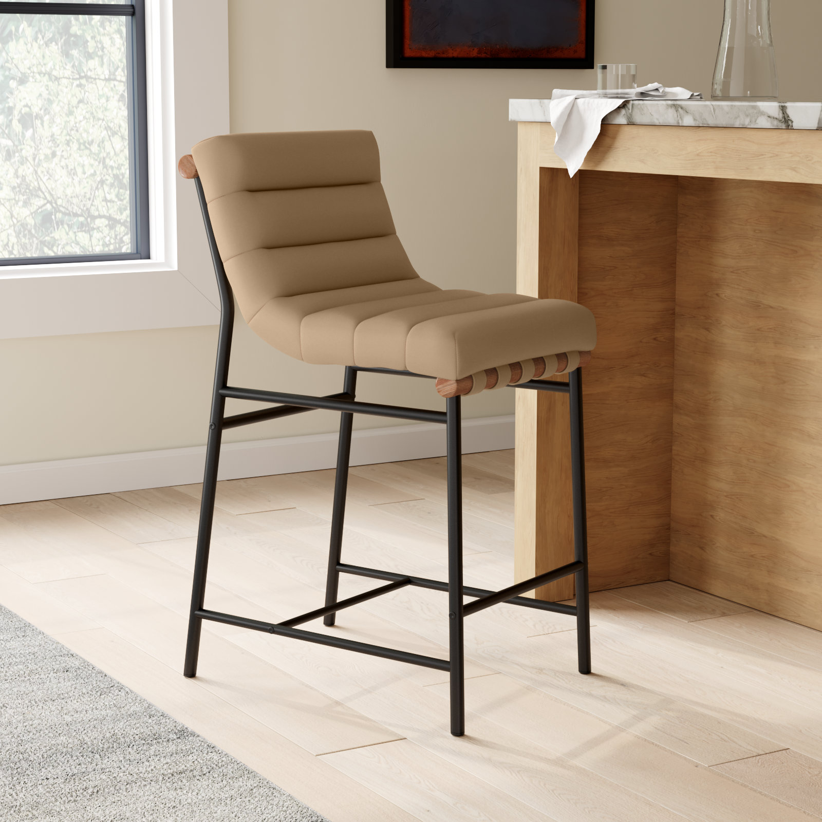 Vincentas Bar and Counter Stool, Tan Vegan Leather, Counter Stool (26.4" Seat Height)
