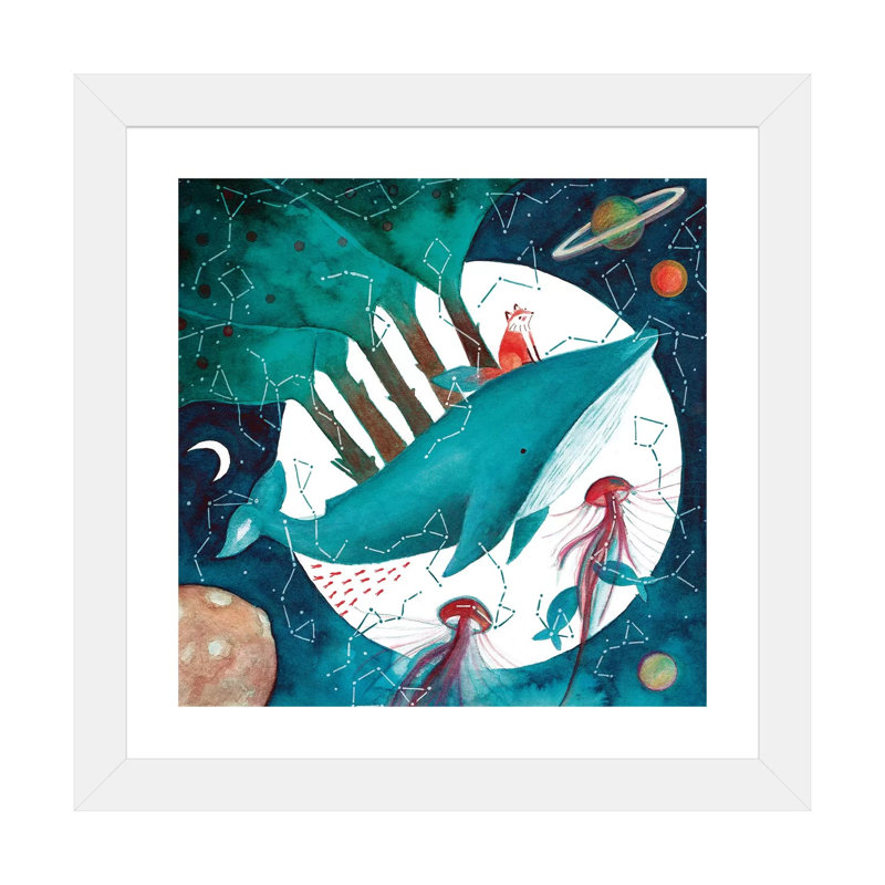 Renard et baleine IV - impression, H 24 po x l 24 po x p 1 po, Papier encadré blanc, Blanc