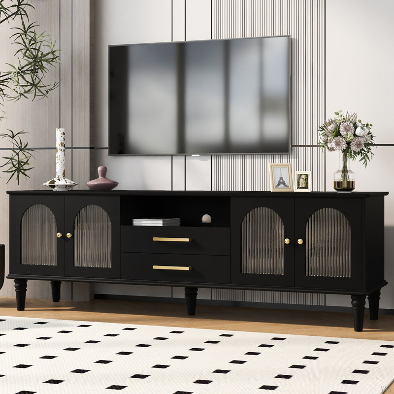 Eesa  TV Stand With Fluted Glass Doors, 2 Drawers And 2 Cabinets, Black