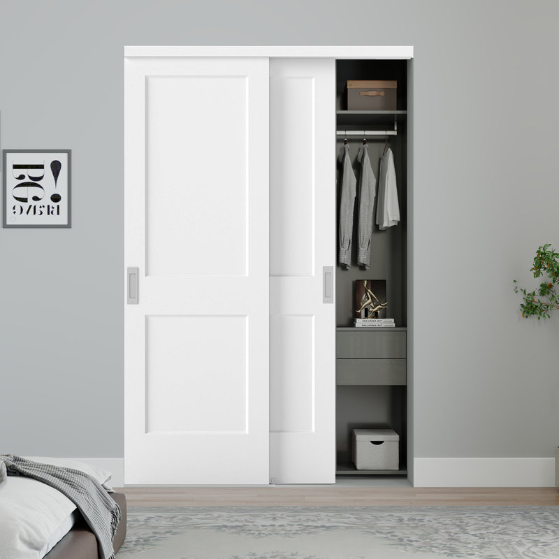 48"X80" Flat 2-Panel Smooth White Primed Molded Sliding Closet Doors With Installation Hardware Kit and Satin Nickel Flush Pull