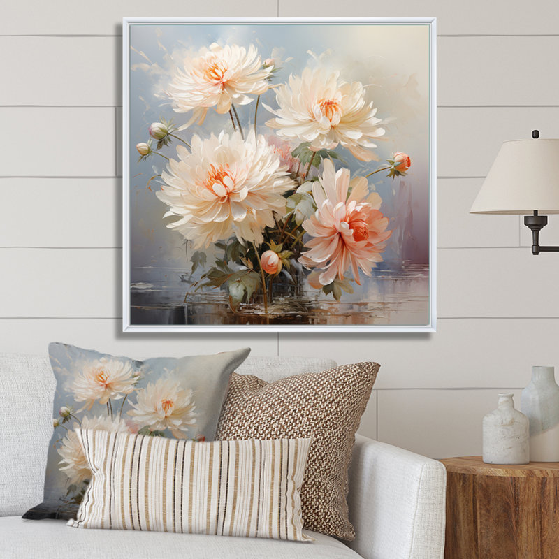 Peach Chrysanthemums Romantic Impression II - Floral Wall Art Living Room, Cadre flottant blanc, 36" H x 36" W