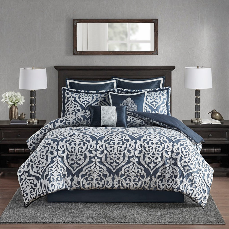 Ensemble d'édredon 8 pièces luxueux en jacquard damassé bleu marine pour grand lit