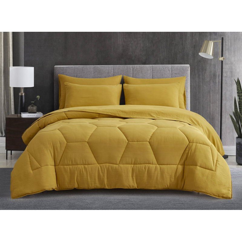 Washed Microfiber 7-Pieces Honeycomb Comforter Set with Sheets, Mustard Yellow