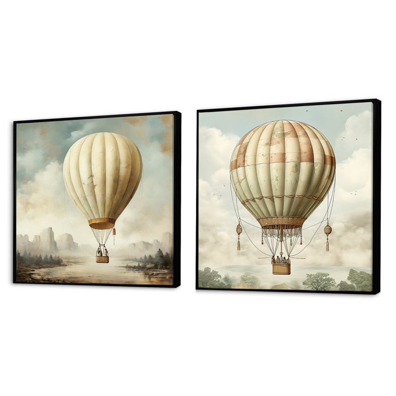 Contemporary Balloon Voyage - Ensemble de 2 montgolfières carrées, Cadre flottant noir, H 30 po x l 61 po