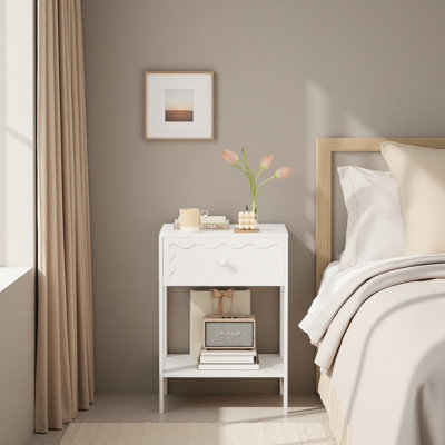 Table de chevet avec tiroir et tablette ouverte, table de chevet à motif de vagues moderne, table de bout à cadre en bois massif pour chambre à coucher, salon, petits espaces