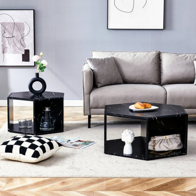 Table basse hexagonale noire minimaliste. Options de rangement fonctionnelles. Différentes tailles. Simple à nettoyer. Table Stable Construction Modern. Fonctionnalité multifonctionnelle. Nettoyage facile. Matériau