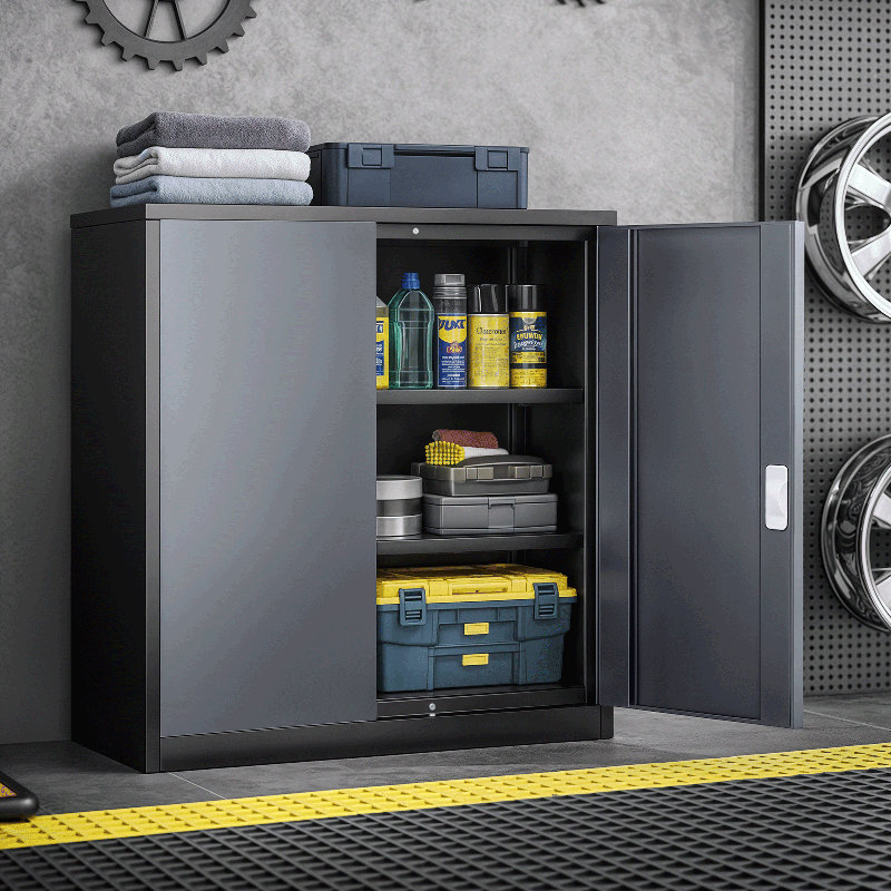 3-Tier Lockable Metal Storage Cabinet with Adjustable Shelves, 110 lbs Capacity, Double-Door Cabinet for Office, Home & Garage