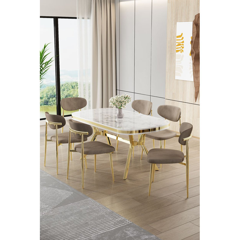 Ensemble de table et chaises de salle à manger (7 pièces), Marbre blanc /Or, 7 pièces : table, 6 chaises, Cappuccino