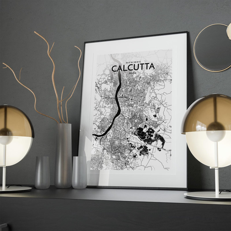 Calcutta City Map, impression, Noir et blanc, H 17 po x l 11 po x P 0,05 po