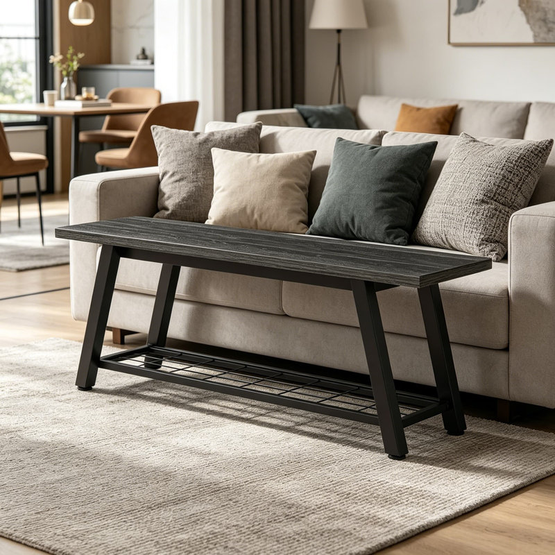 Banc de rangement industriel avec rangement, banc en bois rustique et long pour chaussures pour le salon, la salle à manger, la chambre à coucher, noir anthracite