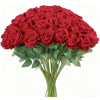 Rosdorf Park 50 Pcs Red Artificial Roses - Bulk Fake Velvet Silk Roses, Faux Flowers For DIY Wedding Centerpieces, Proposal Bridal Bouquets, Shower Party & Home Fl