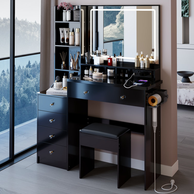 Bedside Cabinet Vanity Table+Cushioned Stool Dresser Set