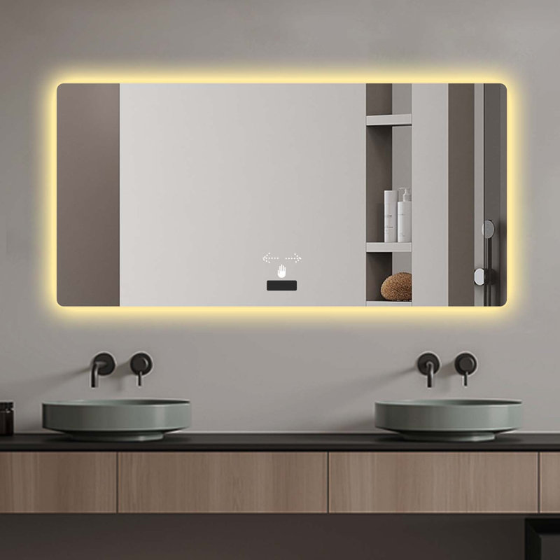 Miroir de salle de bain 48 po x 32 po sans cadre avec lumière, miroir rétroéclairé à DEL, gradation tricolore, fonction antibuée, étanche, capteur intelligent