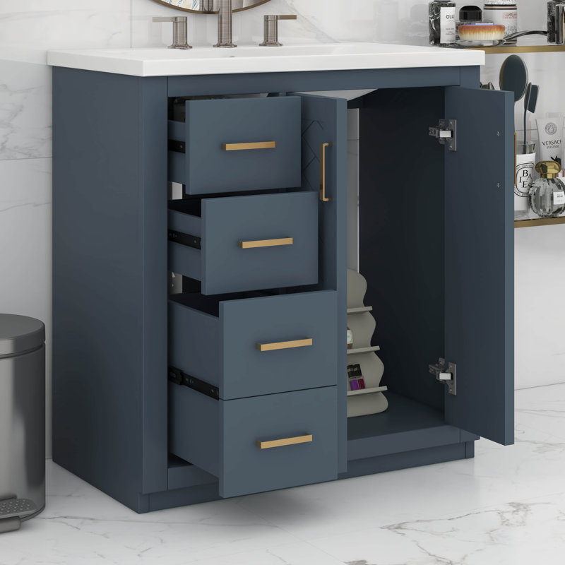 Meuble-lavabo de 30 po avec lavabo en céramique, armoire de rangement moderne à 3 tiroirs et 2 portes, meuble-lavabo autoportant, fermeture en douceur