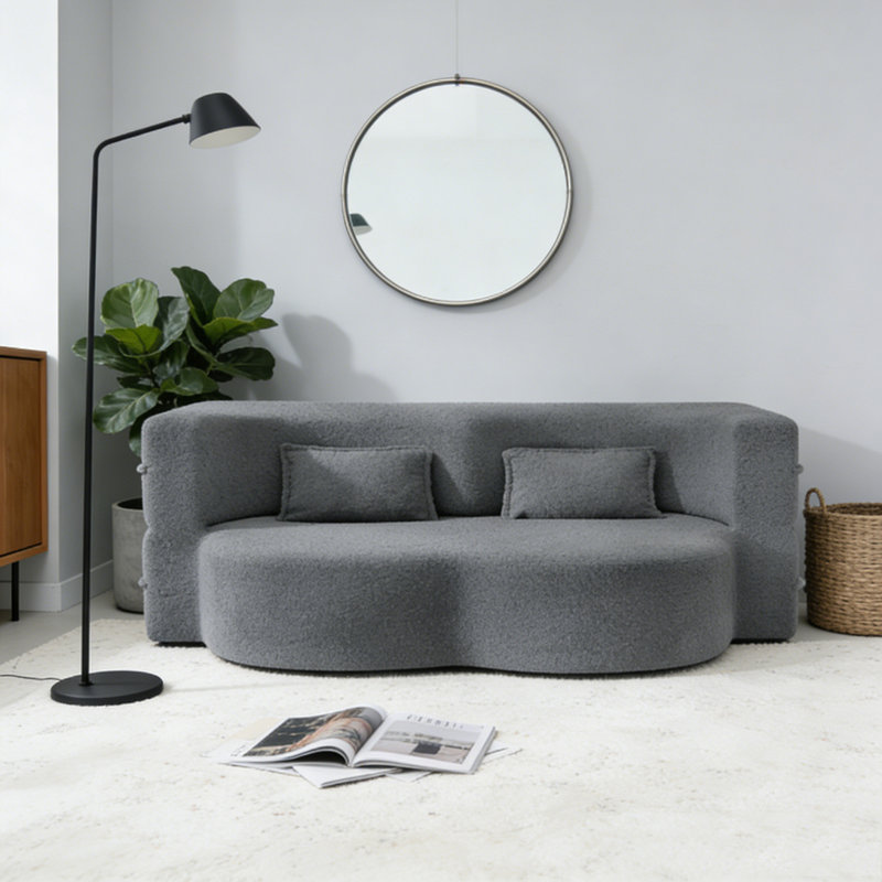 Modern Floor Sofa with 2 Pillows, Teddy, Dark Grey