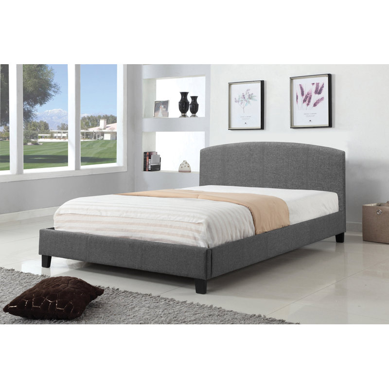 Lit plateforme tapissier moderne avec tête de lit courbée, structure de lit en tissu de lin gris, aucun sommier requis, très grand