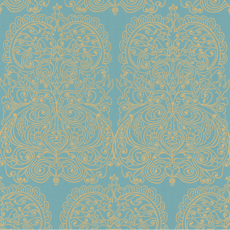 Alpana Damask Wallpaper Roll, Gold/Aqua