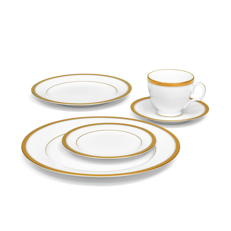 Charlotta Gold Trim White Porcelain 5-Piece Place Setting
