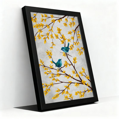 Toile noire encadrée en bois noir pour le salon, la chambre à coucher, le bureau ou le vestibule - Décoration murale décorative avec oiseaux et fleurs