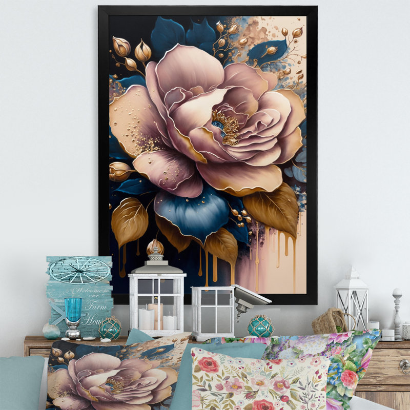 «Decadent Pink and Blue Roses I» - art mural rose, H 20 po x l 12 po x P 1 po, Impression noire sur toile encadrée