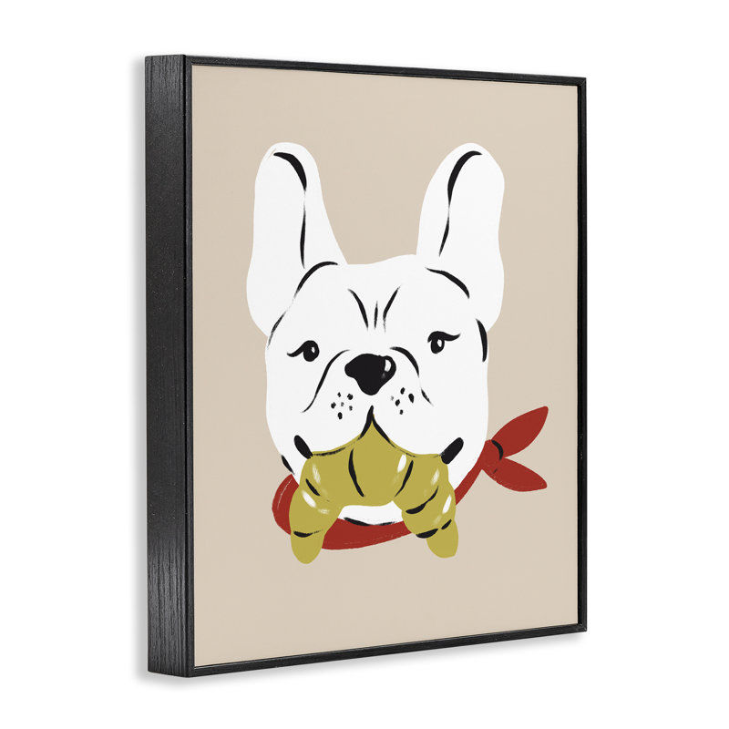 Frenchie Dog avec Croissant, estampe numérique, design par Krissy Mast, H 14 po x l 11 po, Giclée encadrée noir minuit