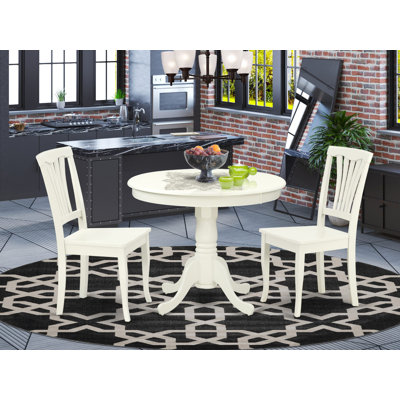 Ensemble de table de salle à manger 3 pièces pour petits espaces comprenant une table de cuisine ronde avec piédestal et 2 chaises de salle à manger, 36 po x 36 po, lin blanc