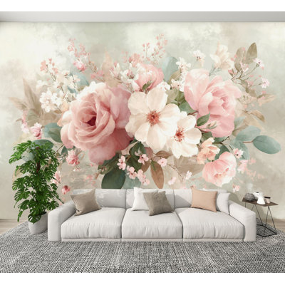 Boho Peel and Stick Wallpaper Watercolor Cascading Pink Cream Floral Bouquet Art Print Wall Murals 100"H x 144"W Removable PVC Wall Paper Self-Adhesive Wall Decor for Bedroom Living Room Nursery