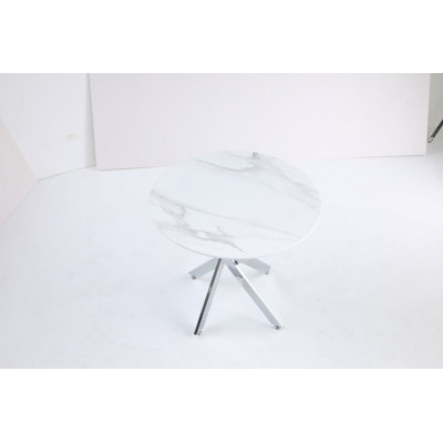 The Modern Circular Tempered Glass Tabletop Is Paired With A Silver Iron Frame, Measuring 35.43 Inches In Length.