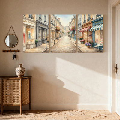 Ensemble de 3 impressions sur toile, scène de rue parisienne avec boutiques et fleurs