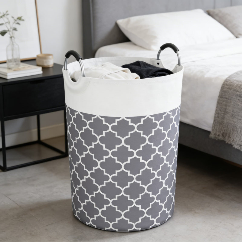 Large Capacity Foldable Fabric Laundry Hamper With Aluminum Handles - Cylindrical Storage Bin For Home, Dorm, Or Commercial Use - Multi-Purpose Organizer With Lantern Pattern Design
