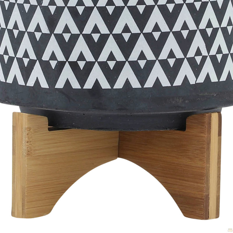Ceramic 8" Aztec Planter On Wooden Stand, Gray, 9" H x 8" W x 8" D, Dark Gray