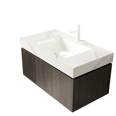 Comptoir en pierre frittée blanche 36 po avec vasque en céramique encastrée, trou de robinet pré-percé simple, haute température, eau d'une profondeur de 36,82 po, 8,49 po