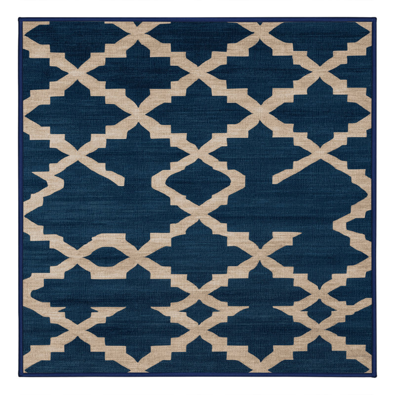 Machine Washable Trellis Blue Area Rug, Square 4'