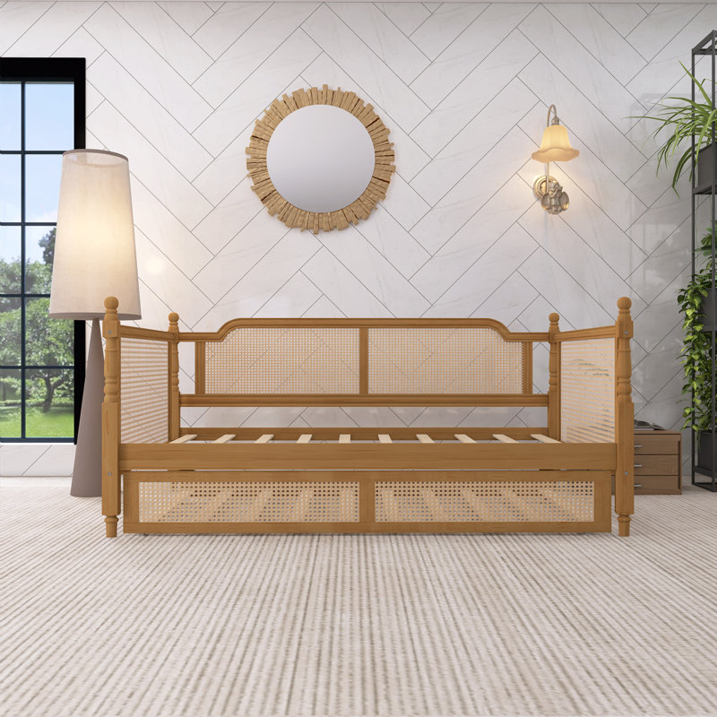 Twin Size Walnut Rattan Daybed With Twin Size Trundle, Twin, White