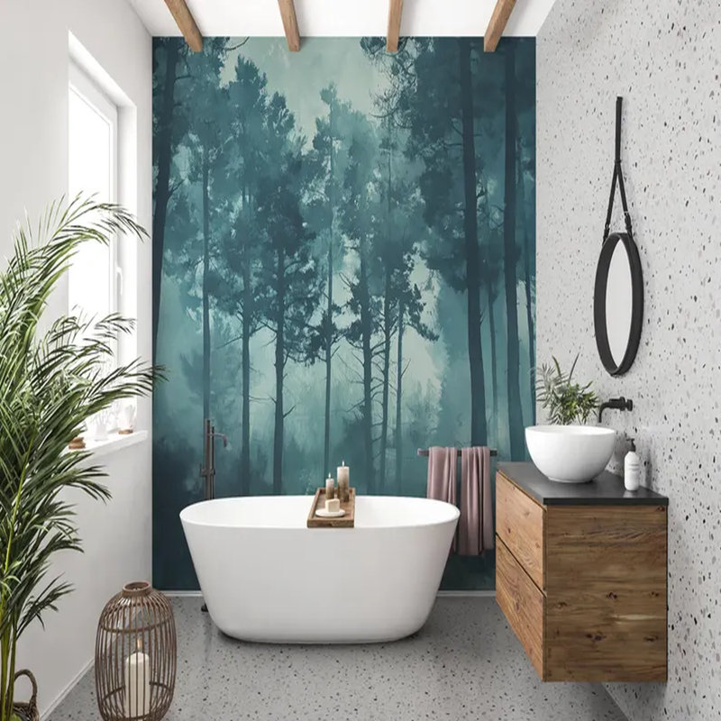 Deep Teal Misty Forest Landscape, 96" L x 108" W