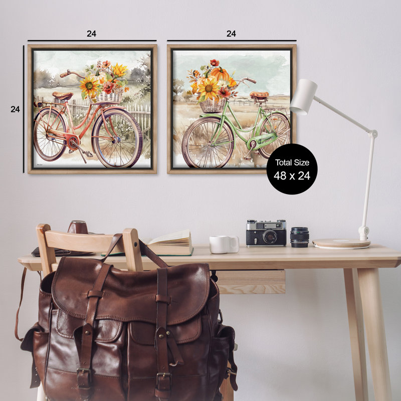 «Rustic Autumnal Bicyclcles», ensemble de 2 toiles par Nicole DeCamp, H 25 po x l 25 po, Cadre flottant orme Montalcino