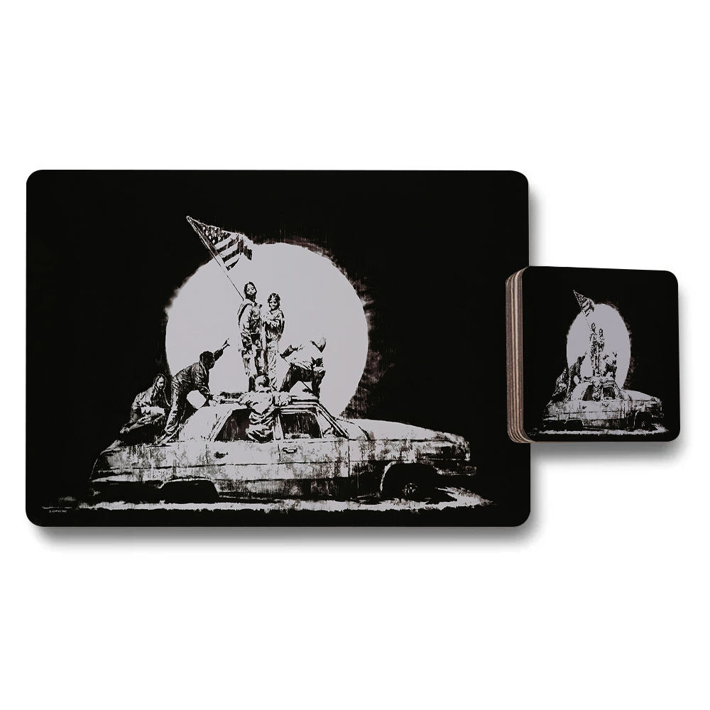 Monochrome Car With People And Flag Artwork Placemat And Coaster Set