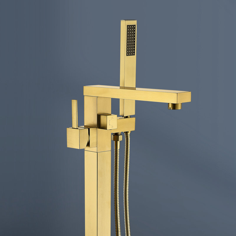 Topcraft Single Handle Floor Mounted Freestanding Tub Faucet with Handheld Shower，Brushed Brass, Brushed Brass