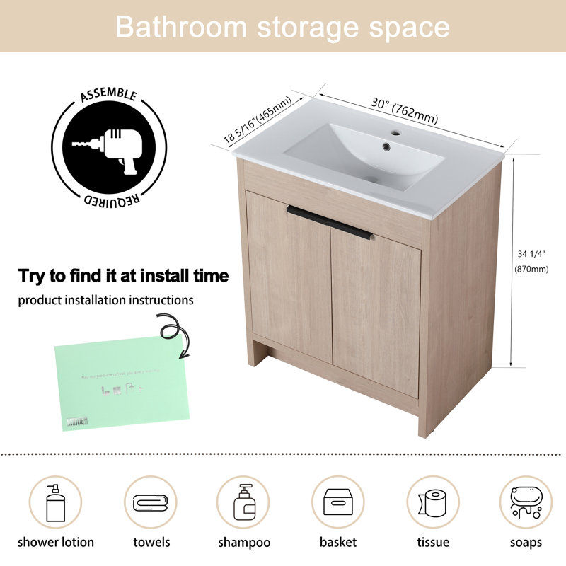 Ensemble de meuble-lavabo simple autoportant avec plateau en céramique Diandrea, 30", Blanc
