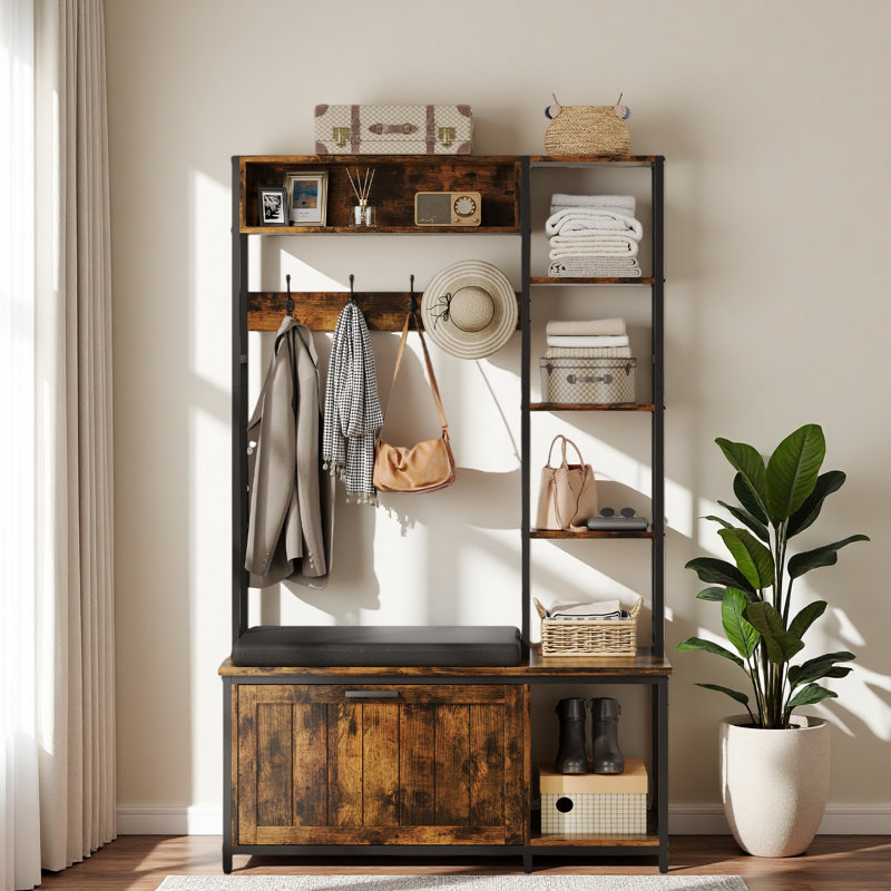 Hall Tree Coat Rack, Hall Tree With Bench And Shoe Storage, Mud Room Storage Furniture, Brown